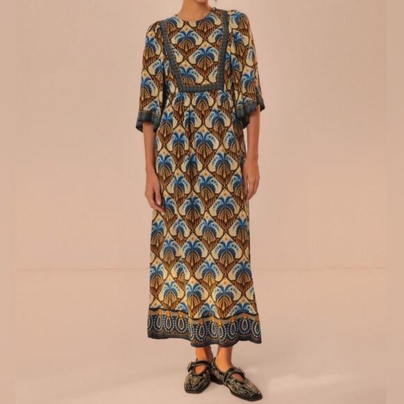 FARM Rio Dresses & Skirts - Farm Rio Anthro Women’s Cocopalm Flutter Sleeve Beige Blue  Print Maxi Dress XS